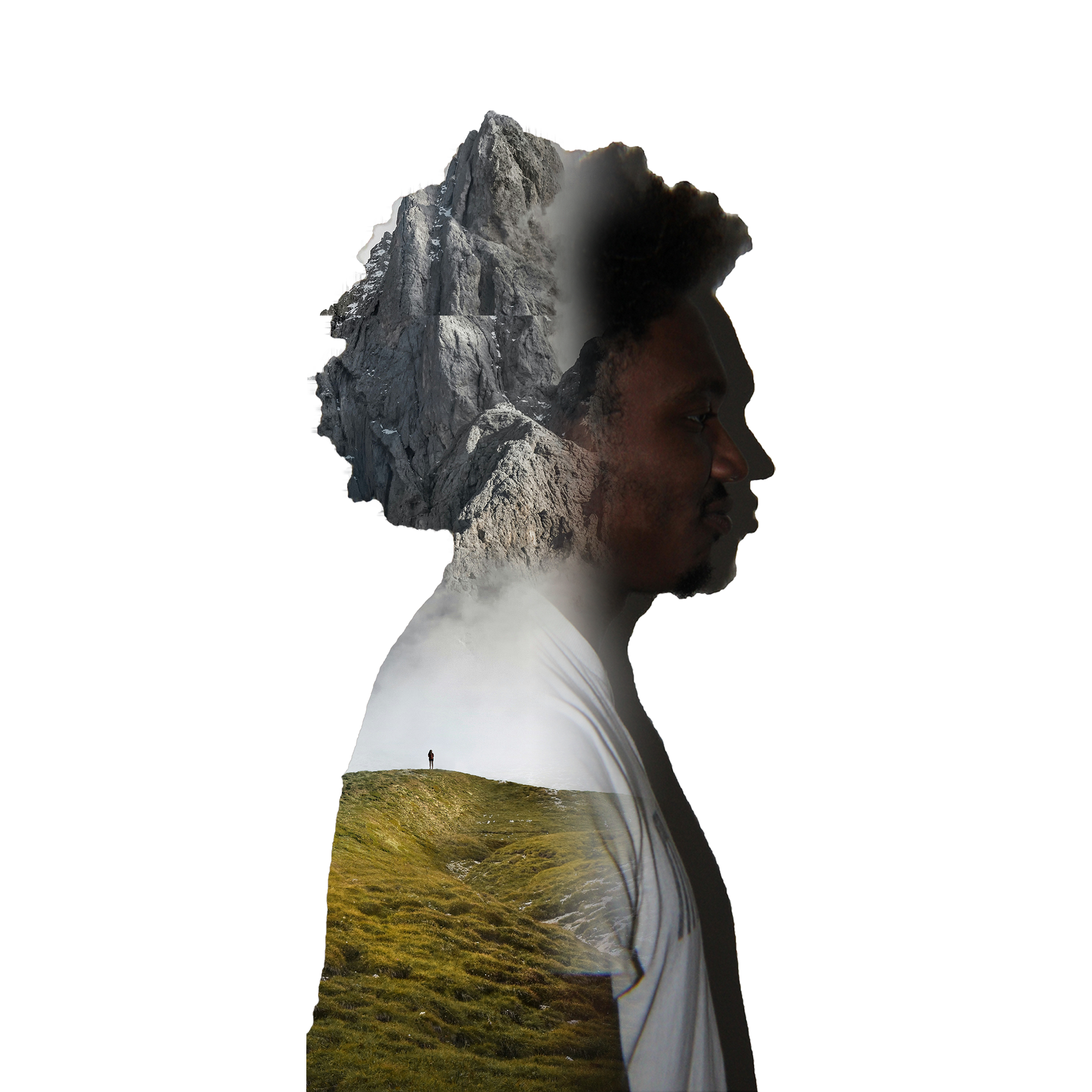 Side profile silhouette blended with a rocky mountain and open landscape in a double exposure composition